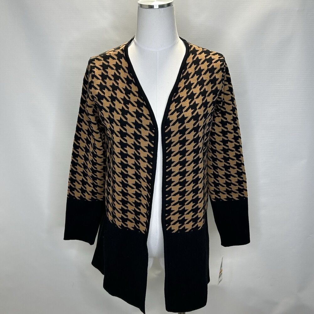 Charter Club Women’s Size Small Brown Black Houndstooth Open Duster Cardigan NEW